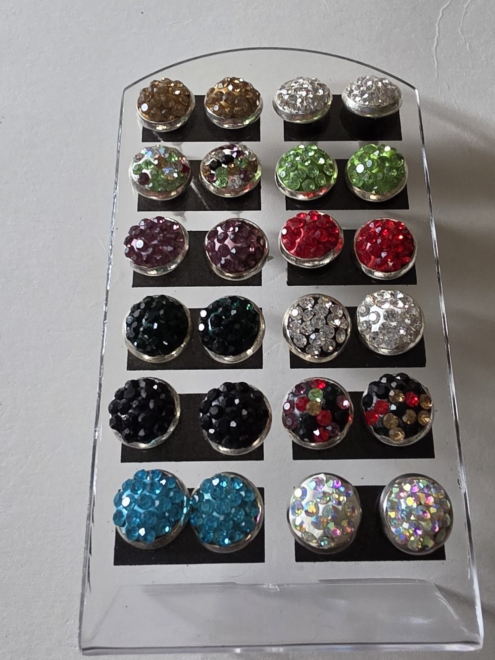 12 Pairs OfCrystal Round Stud Earring Set - Multicolor With Clear Display Holder